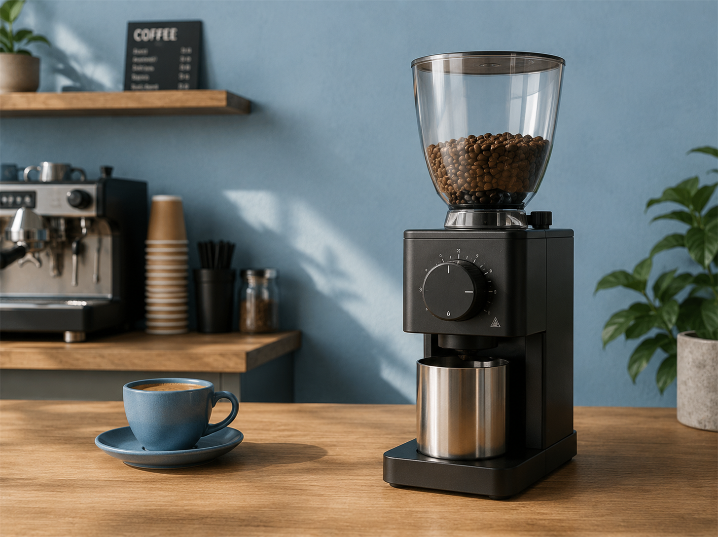 Illustration of a grinder with grind sizes stepping from coarse to fine