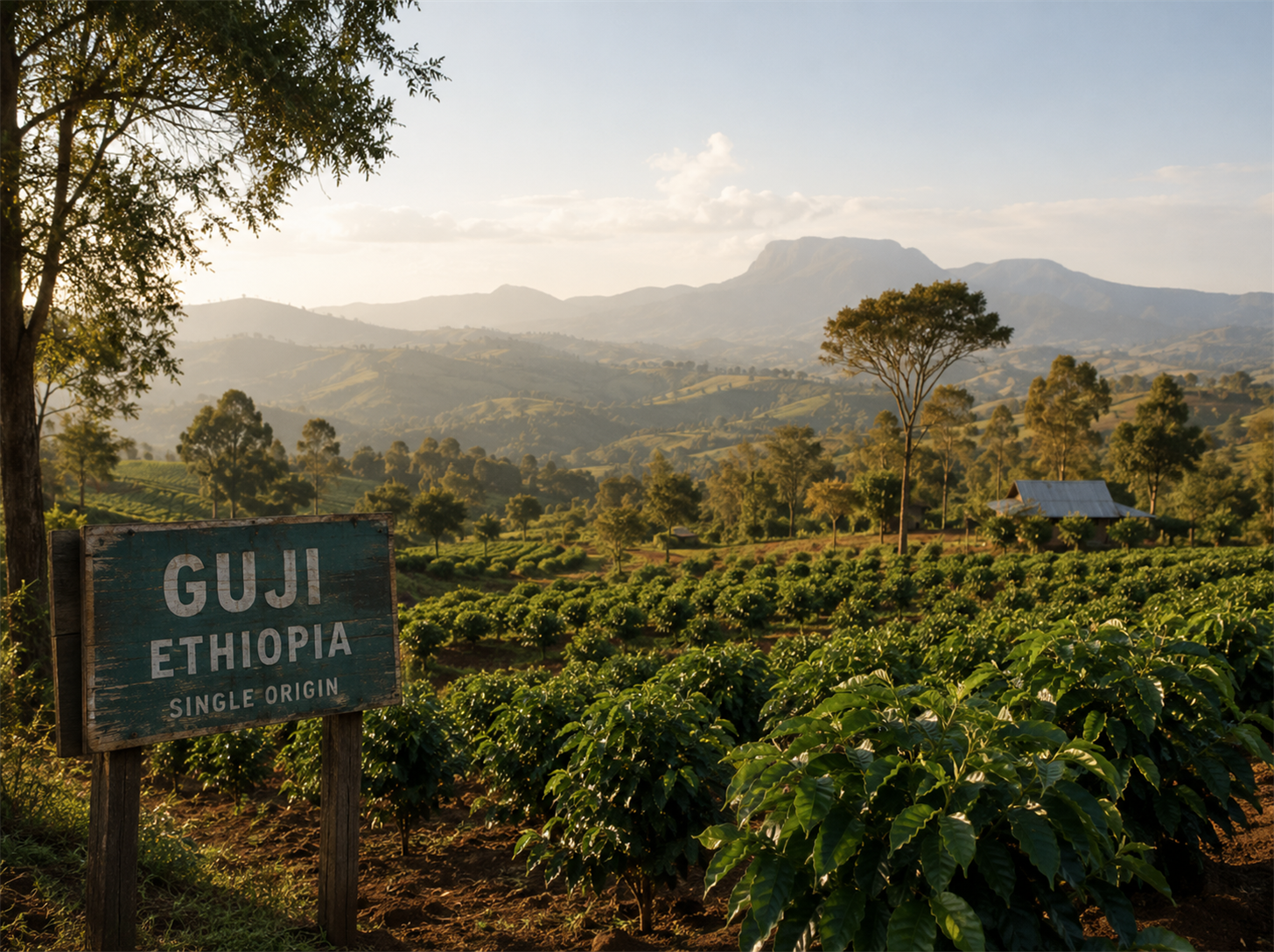 Illustration of coffee cherries and highland terrain